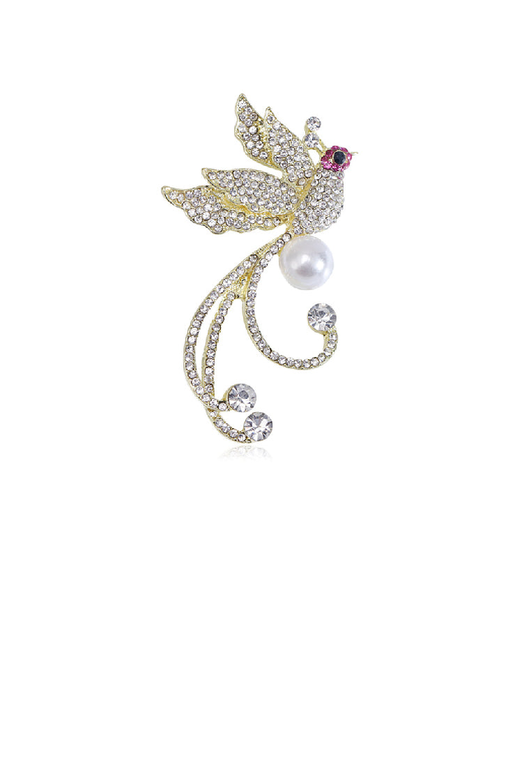 Fashion Brilliant Plated Gold Phoenix Imitation Pearl Brooch with Cubic Zirconia - Luxurious Look