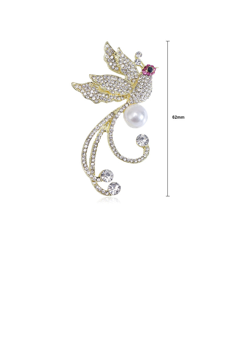 Fashion Brilliant Plated Gold Phoenix Imitation Pearl Brooch with Cubic Zirconia - Luxurious Look