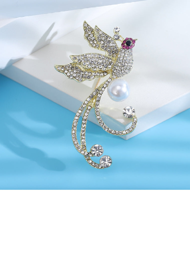 Fashion Brilliant Plated Gold Phoenix Imitation Pearl Brooch with Cubic Zirconia - Luxurious Look