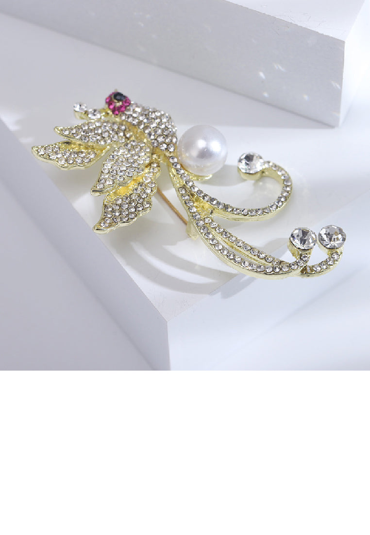 Fashion Brilliant Plated Gold Phoenix Imitation Pearl Brooch with Cubic Zirconia - Luxurious Look