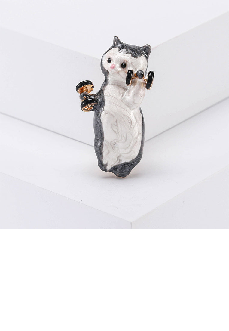 Simple and Cute Plated Gold Enamel Grey Dumbbell Cat Brooch