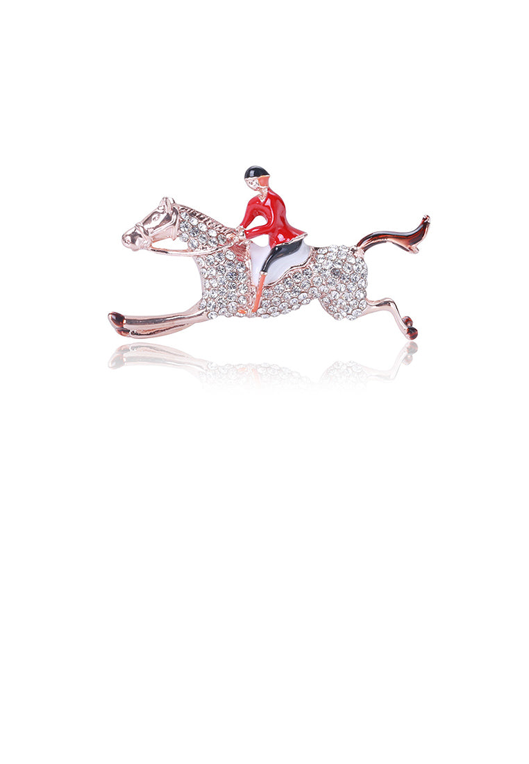 Fashion Bright Plated Rose Gold Red Soldier Horse Brooch with Cubic Zirconia - Luxurious Look - Vibrant Color