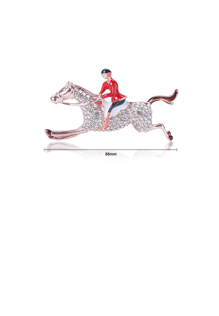 Fashion Bright Plated Rose Gold Red Soldier Horse Brooch with Cubic Zirconia - Luxurious Look - Vibrant Color