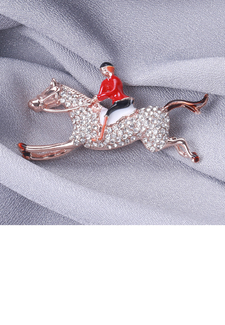 Fashion Bright Plated Rose Gold Red Soldier Horse Brooch with Cubic Zirconia - Luxurious Look - Vibrant Color