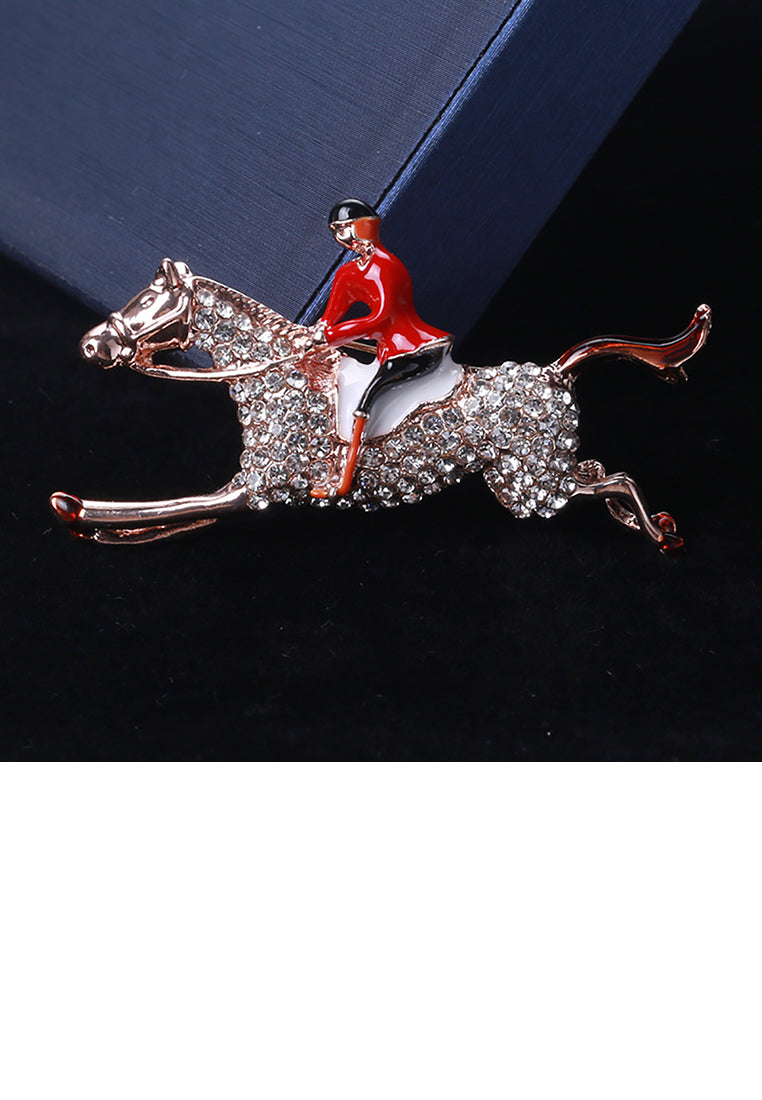 Fashion Bright Plated Rose Gold Red Soldier Horse Brooch with Cubic Zirconia - Luxurious Look - Vibrant Color