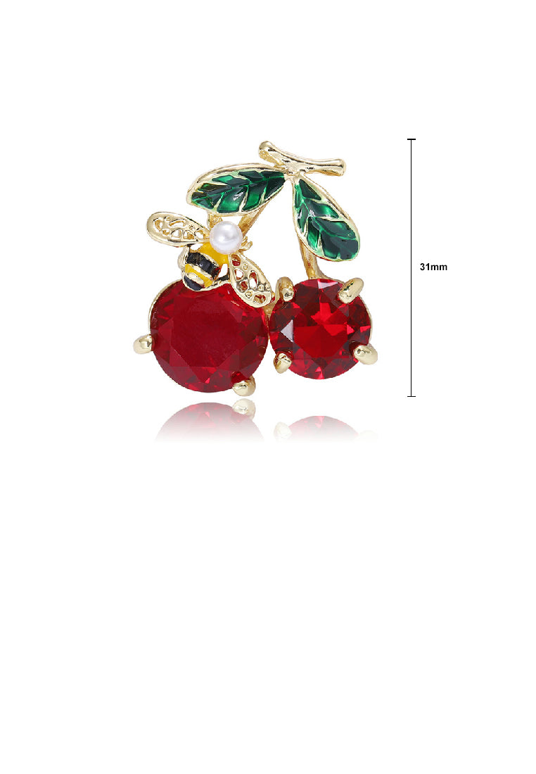 Fashion Sweet Plated Gold Cherry Bee Brooch with Cubic Zirconia - Luxurious Look