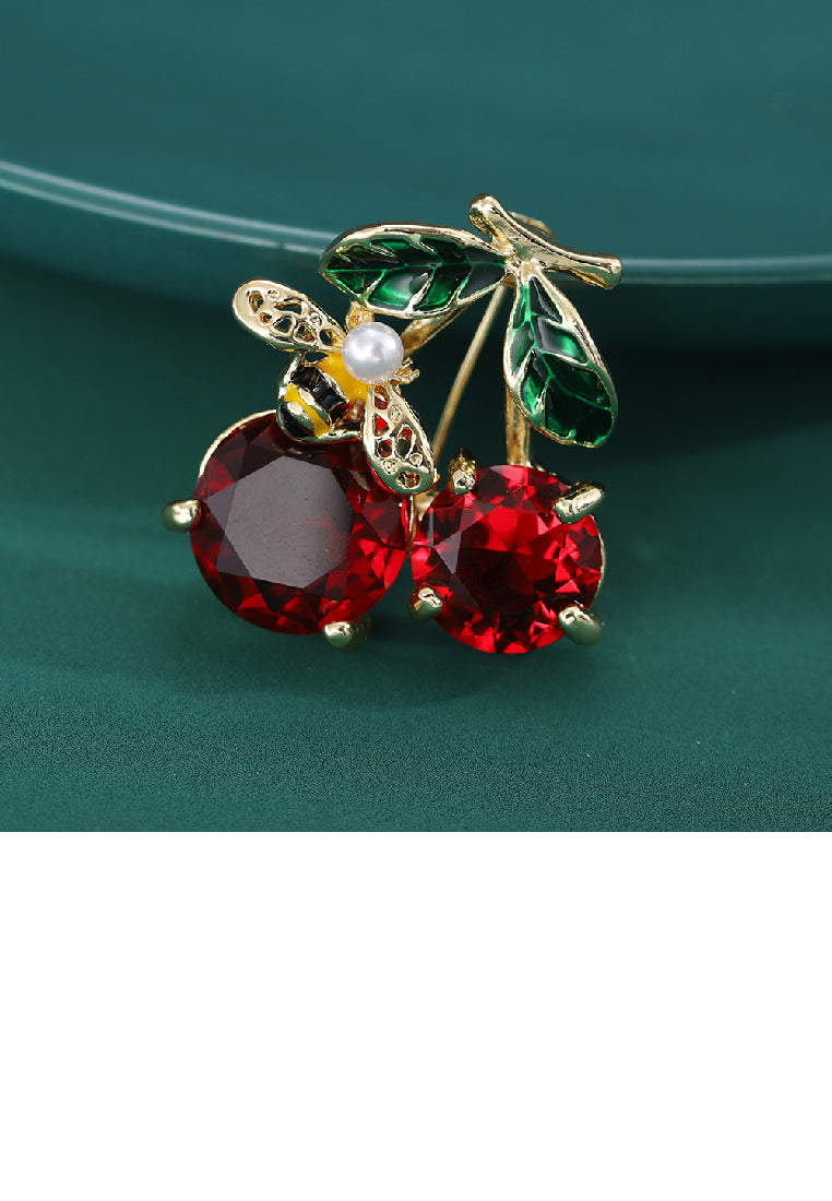Fashion Sweet Plated Gold Cherry Bee Brooch with Cubic Zirconia - Luxurious Look