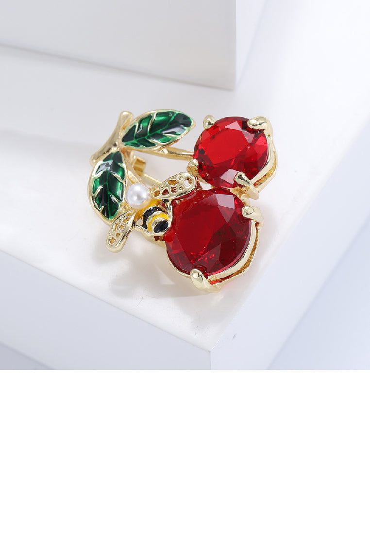 Fashion Sweet Plated Gold Cherry Bee Brooch with Cubic Zirconia - Luxurious Look