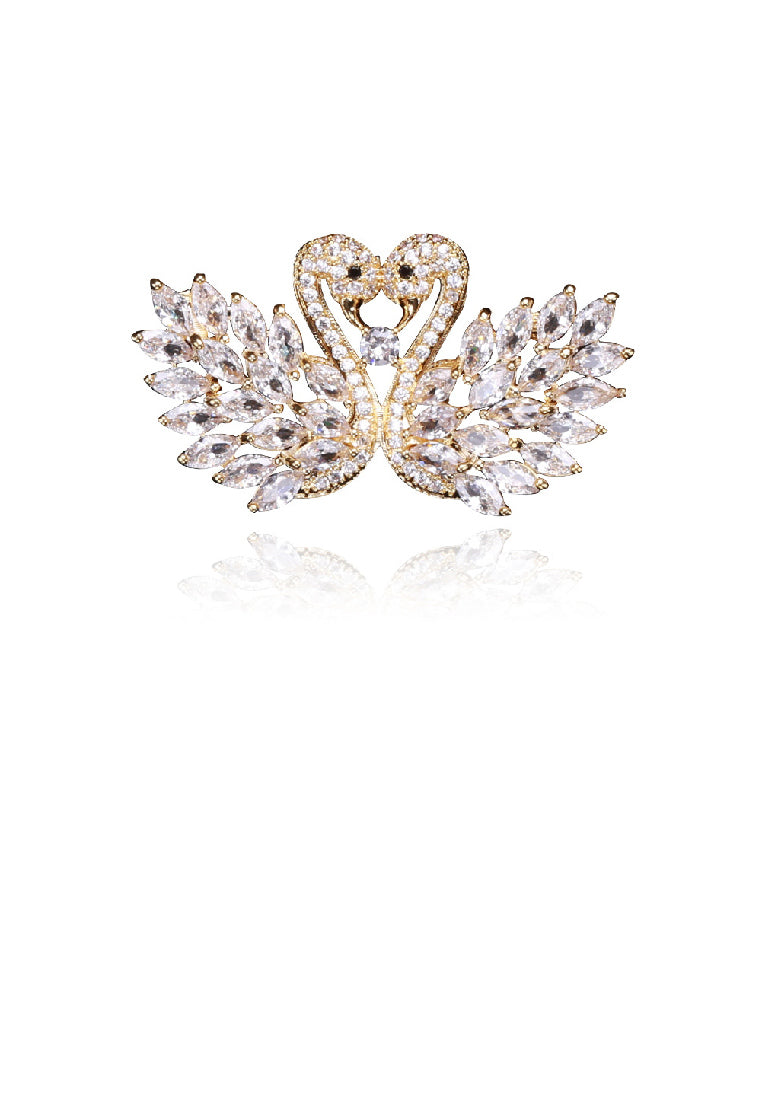 Elegant Brilliant Plated Gold Double Swan Brooch with Cubic Zirconia - Luxurious Look