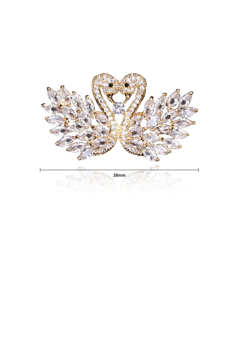 Elegant Brilliant Plated Gold Double Swan Brooch with Cubic Zirconia - Luxurious Look