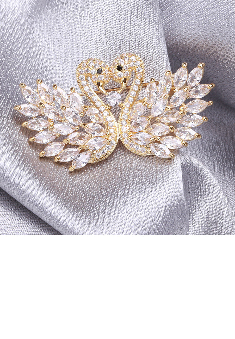 Elegant Brilliant Plated Gold Double Swan Brooch with Cubic Zirconia - Luxurious Look