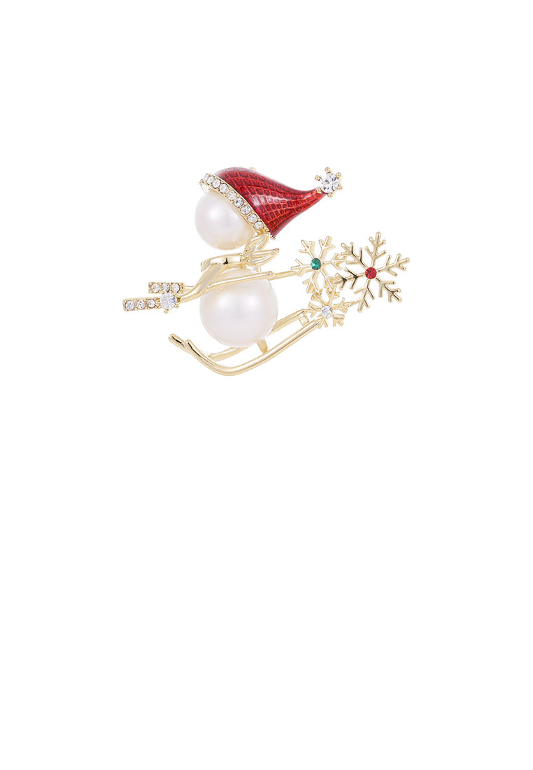 Fashion and Creative Plated Gold Christmas Snowman Ski Snowflake Imitation Pearl Brooch with Cubic Zirconia - Luxurious Look