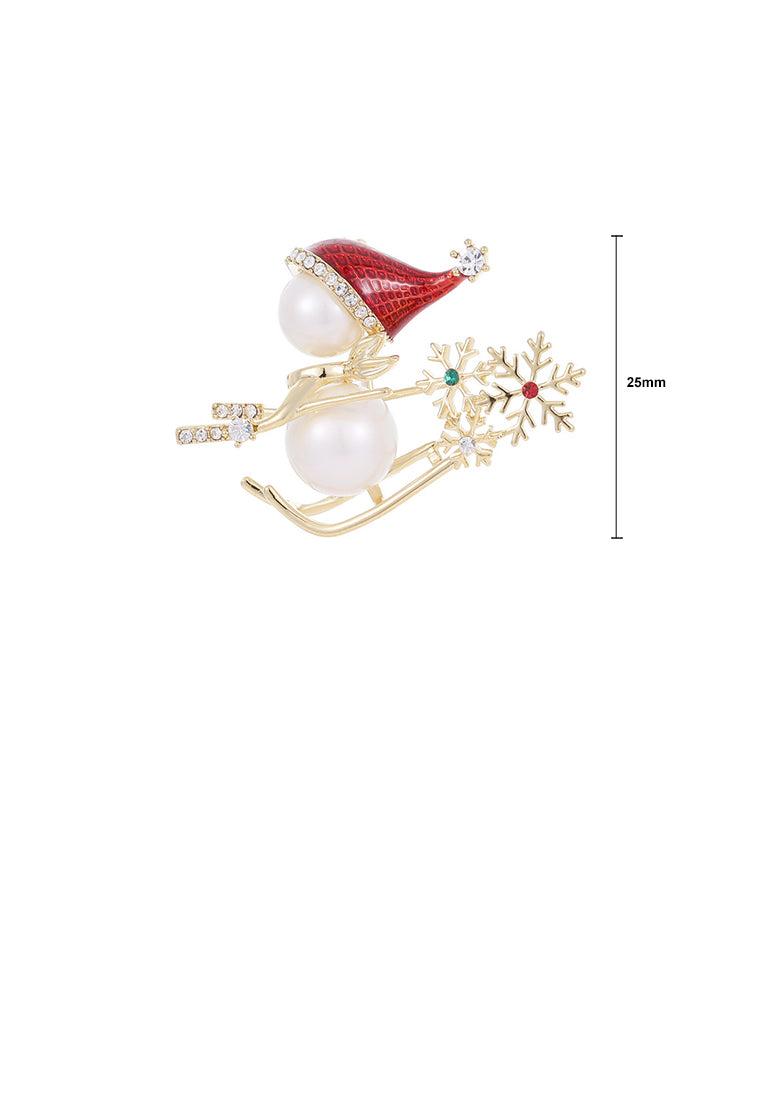 Fashion and Creative Plated Gold Christmas Snowman Ski Snowflake Imitation Pearl Brooch with Cubic Zirconia - Luxurious Look