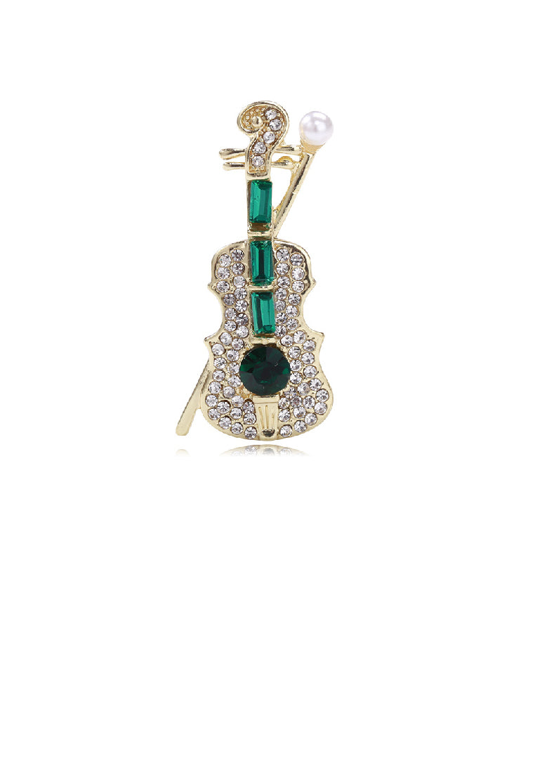 Elegant Temperament Plated Gold Violin Brooch with Green Cubic Zirconia - Luxurious Look