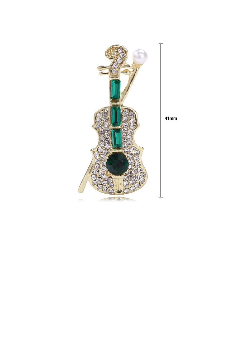 Elegant Temperament Plated Gold Violin Brooch with Green Cubic Zirconia - Luxurious Look