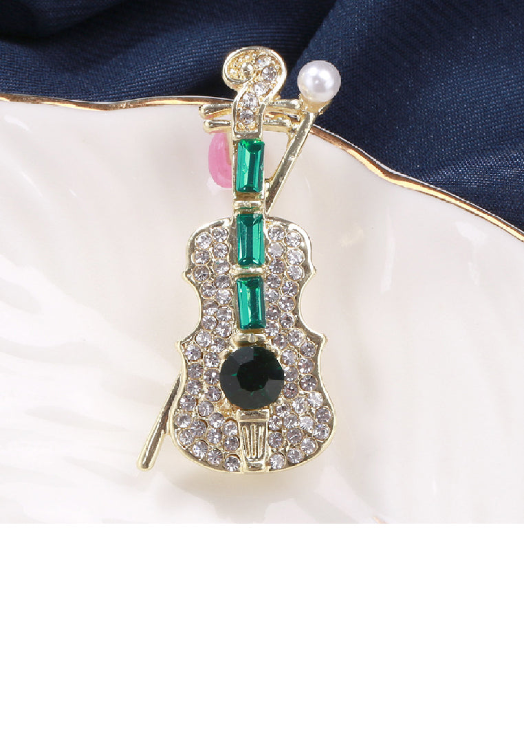 Elegant Temperament Plated Gold Violin Brooch with Green Cubic Zirconia - Luxurious Look