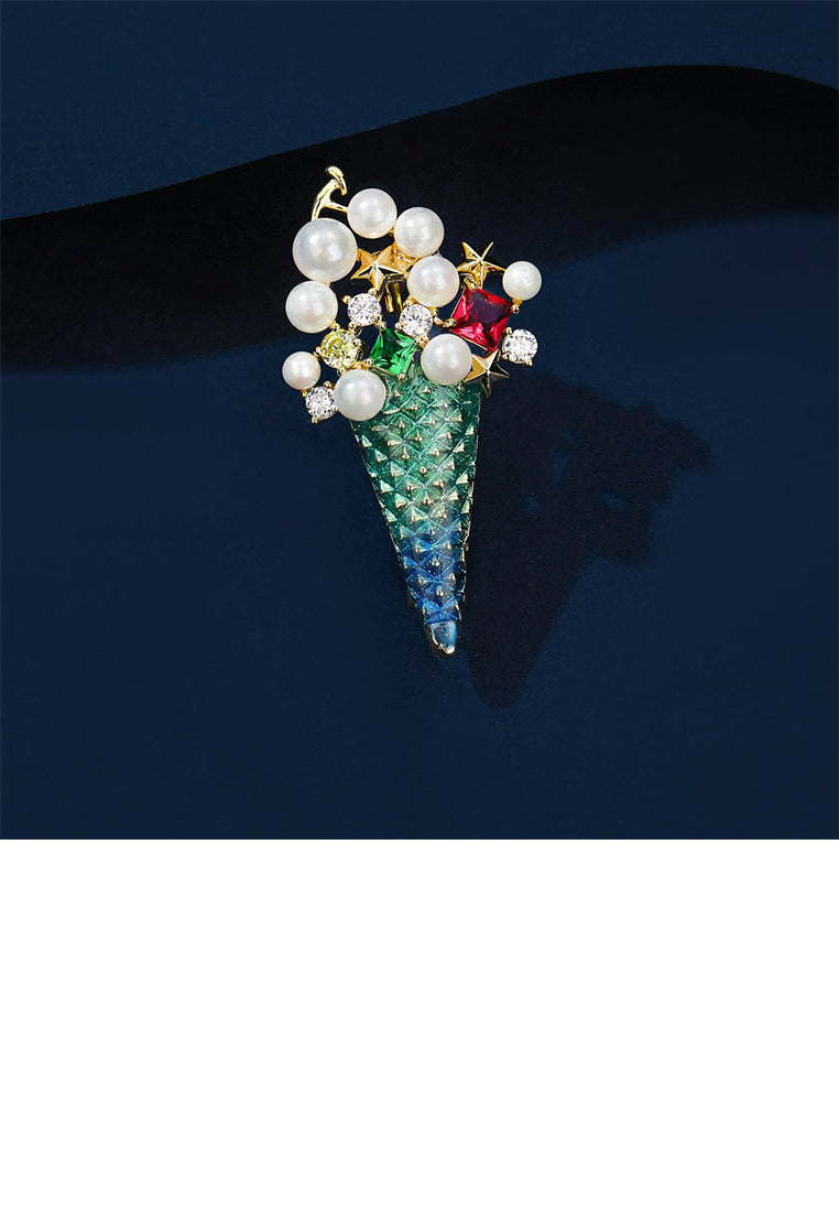 Simple Sweet Plated Gold Ice Cream Imitation Pearl Brooch with Cubic Zirconia - Luxurious Look