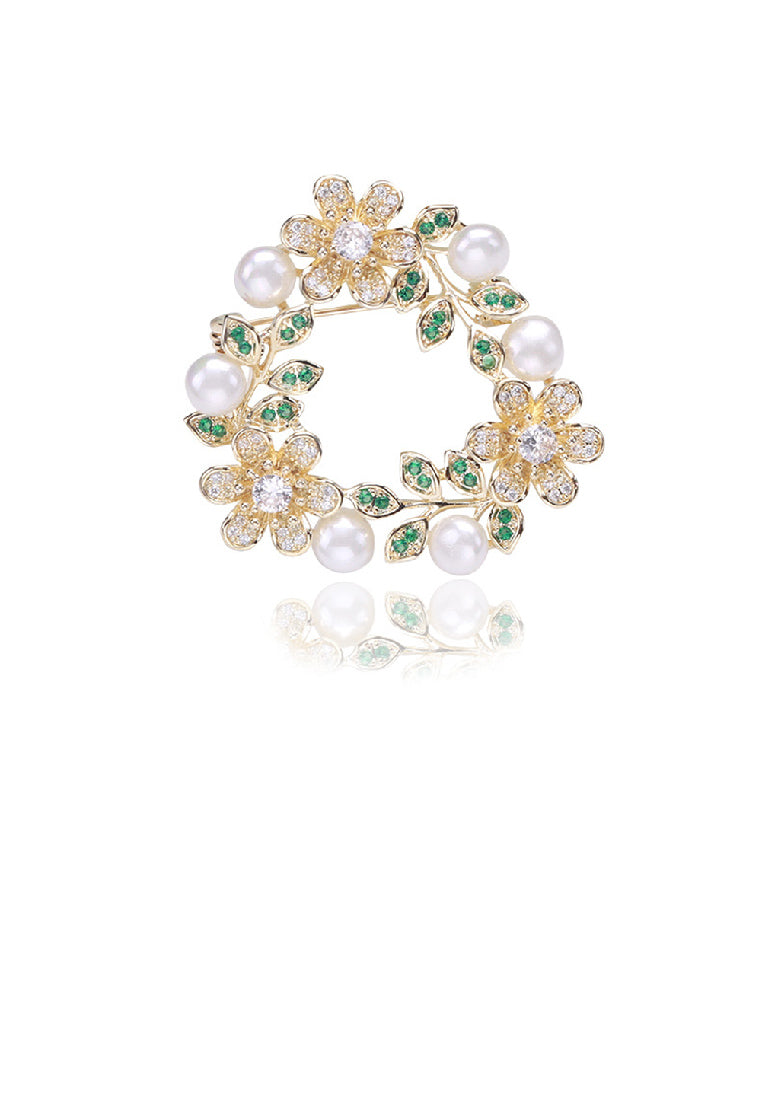 Fashion Elegant Plated Gold Floral Geometric Circle Imitation Pearl Brooch with Cubic Zirconia - Luxurious Look