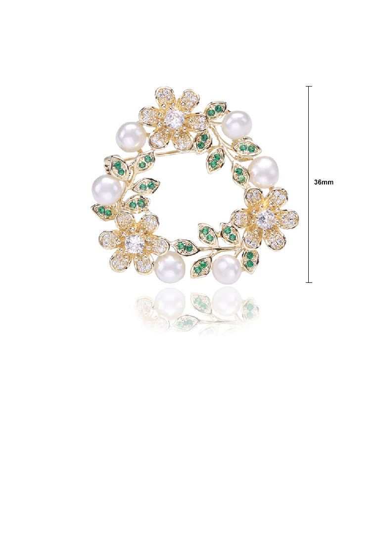 Fashion Elegant Plated Gold Floral Geometric Circle Imitation Pearl Brooch with Cubic Zirconia - Luxurious Look