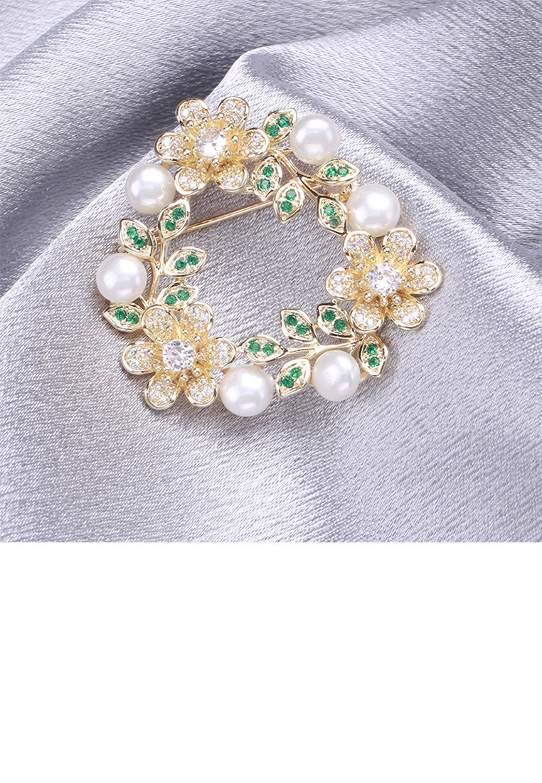 Fashion Elegant Plated Gold Floral Geometric Circle Imitation Pearl Brooch with Cubic Zirconia - Luxurious Look
