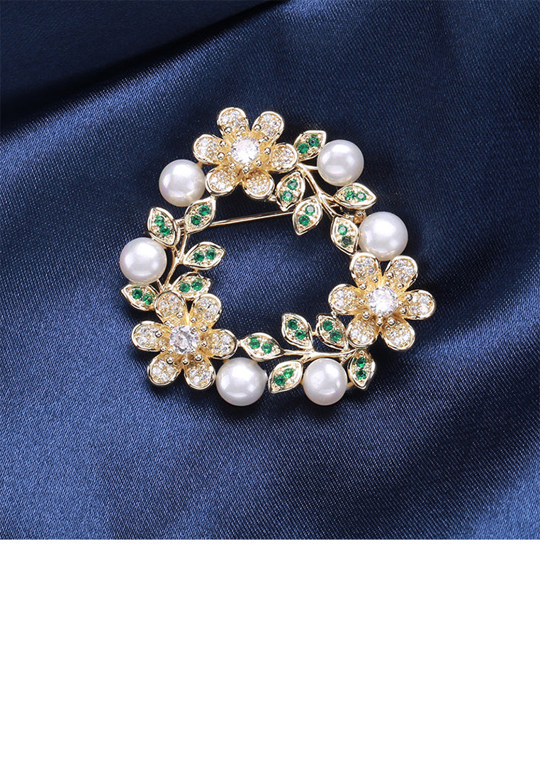 Fashion Elegant Plated Gold Floral Geometric Circle Imitation Pearl Brooch with Cubic Zirconia - Luxurious Look