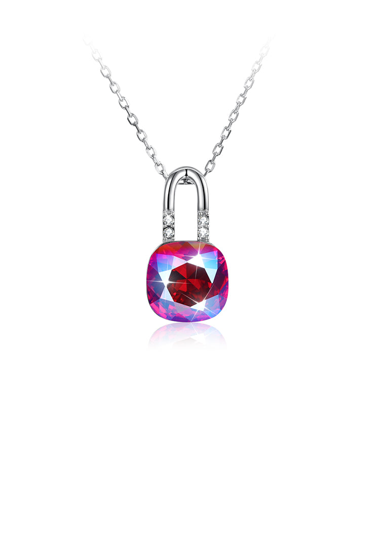 925 Sterling Simple Elegant Fashion Lock Shape Pendant Necklace with Red and Multicolor Austrian Element Crystal - Vibrant Color