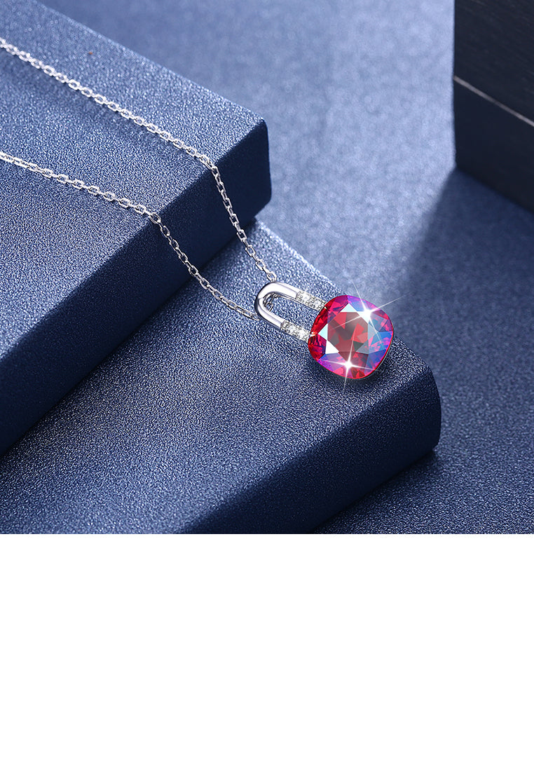 925 Sterling Simple Elegant Fashion Lock Shape Pendant Necklace with Red and Multicolor Austrian Element Crystal - Vibrant Color