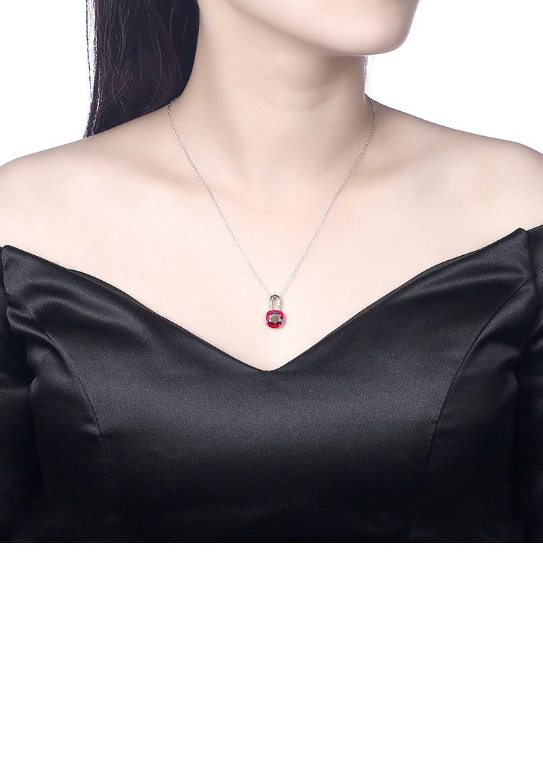 925 Sterling Simple Elegant Fashion Lock Shape Pendant Necklace with Red and Multicolor Austrian Element Crystal - Vibrant Color