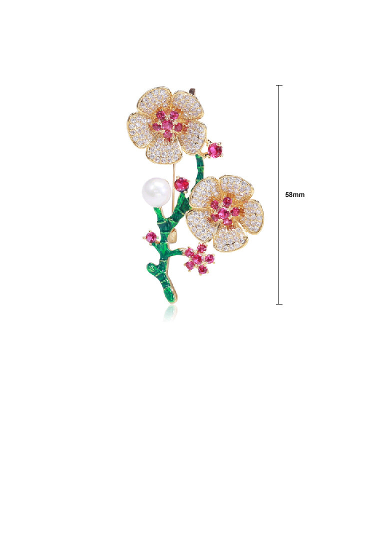 Elegant Vintage Plated Gold Plum Imitation Pearl Brooch with Cubic Zirconia - Luxurious Look