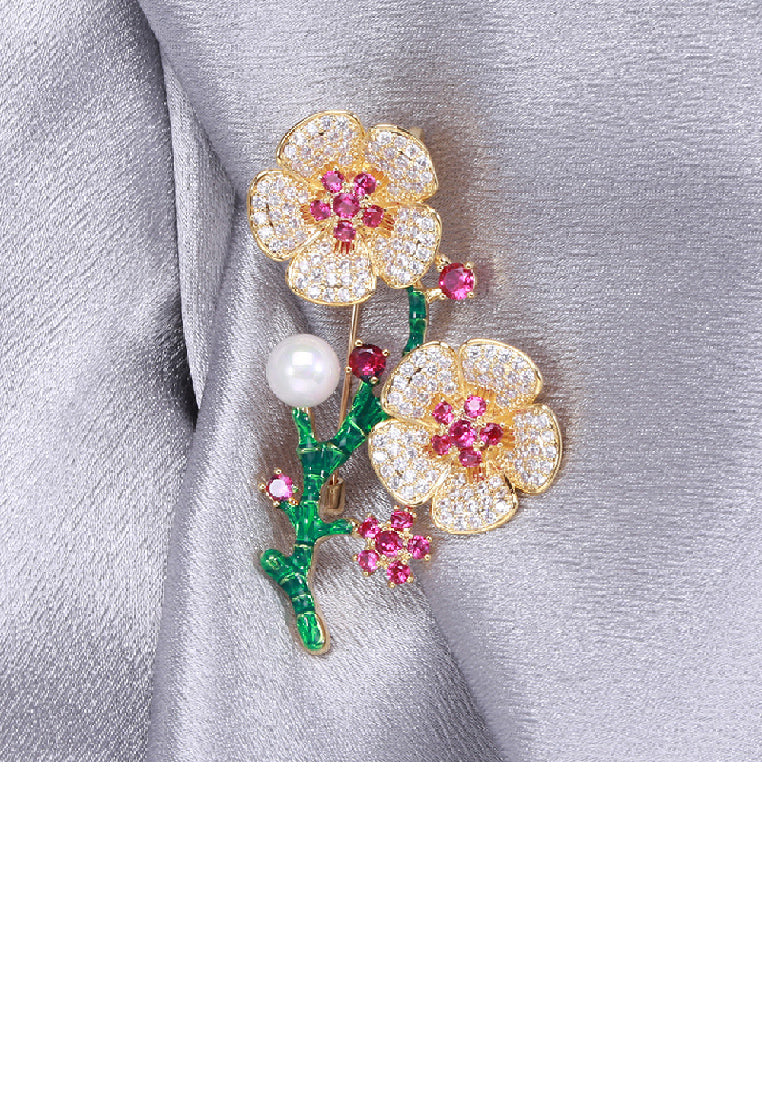 Elegant Vintage Plated Gold Plum Imitation Pearl Brooch with Cubic Zirconia - Luxurious Look
