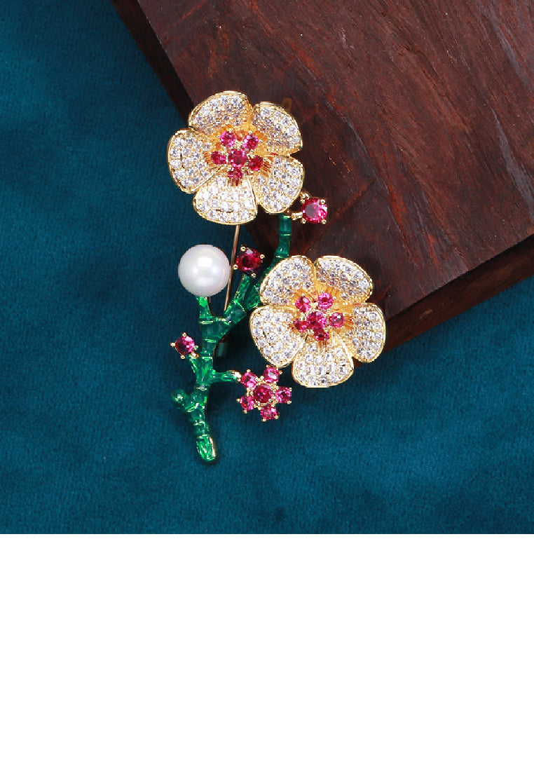 Elegant Vintage Plated Gold Plum Imitation Pearl Brooch with Cubic Zirconia - Luxurious Look