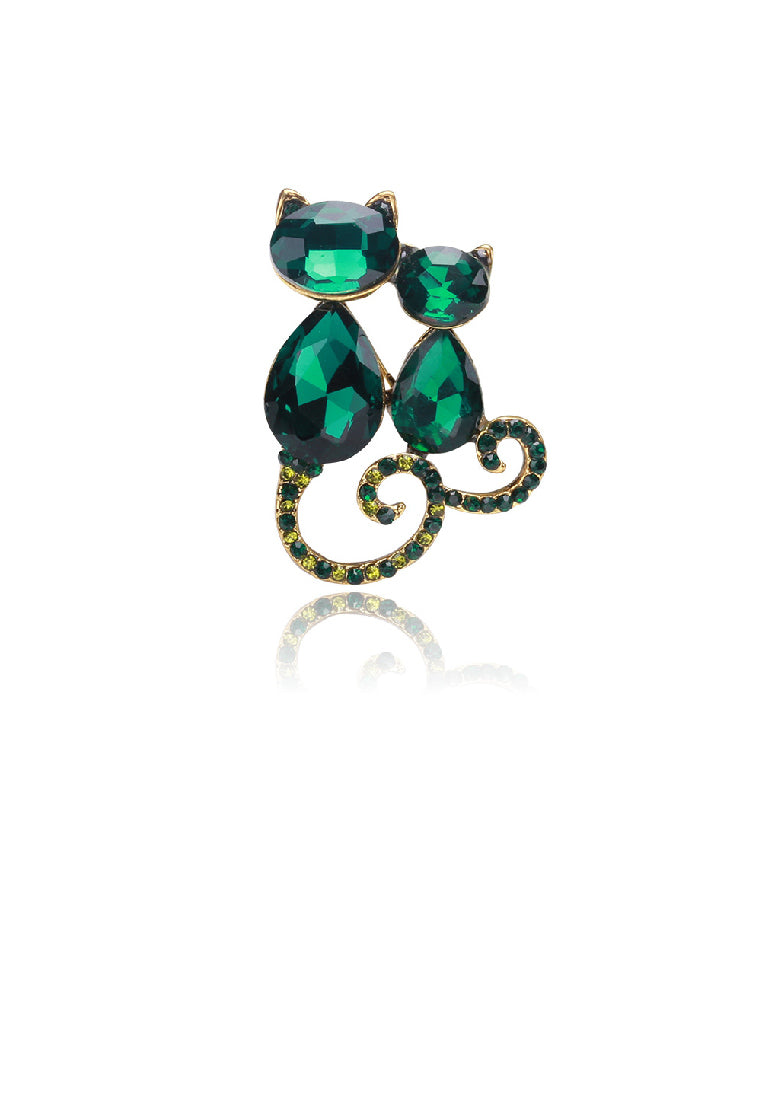 Fashion Lovely Plated Gold Double Cat Brooch with Green Cubic Zirconia - Luxurious Look