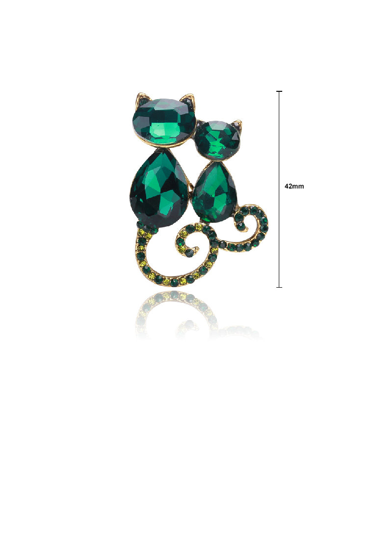 Fashion Lovely Plated Gold Double Cat Brooch with Green Cubic Zirconia - Luxurious Look