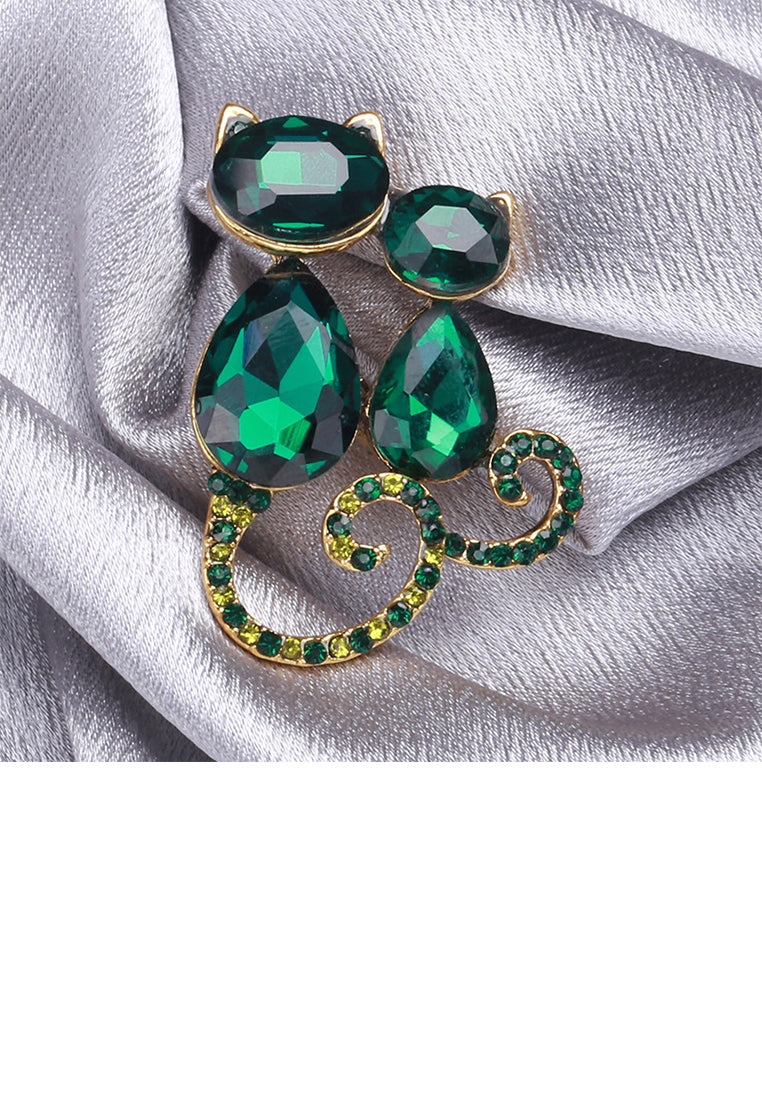 Fashion Lovely Plated Gold Double Cat Brooch with Green Cubic Zirconia - Luxurious Look