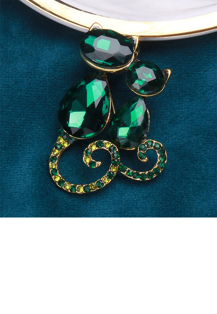 Fashion Lovely Plated Gold Double Cat Brooch with Green Cubic Zirconia - Luxurious Look