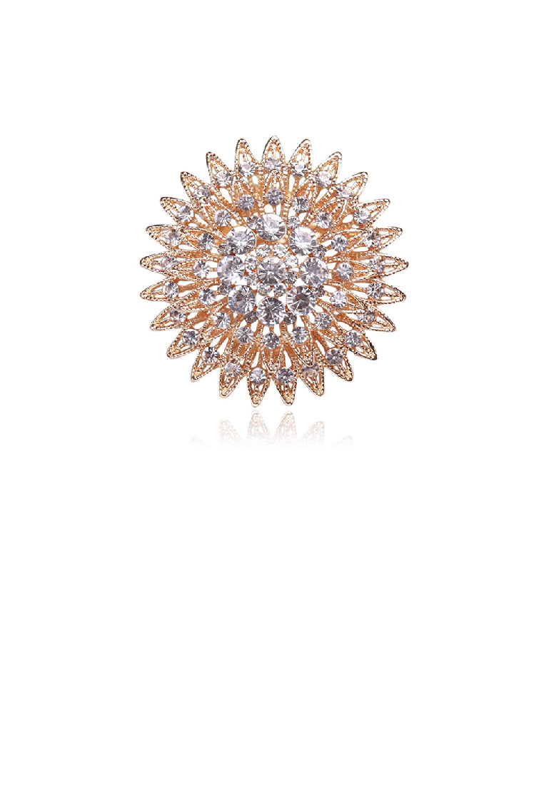 Elegant Brilliant Plated Gold Flower Round Brooch with Cubic Zirconia - Luxurious Look