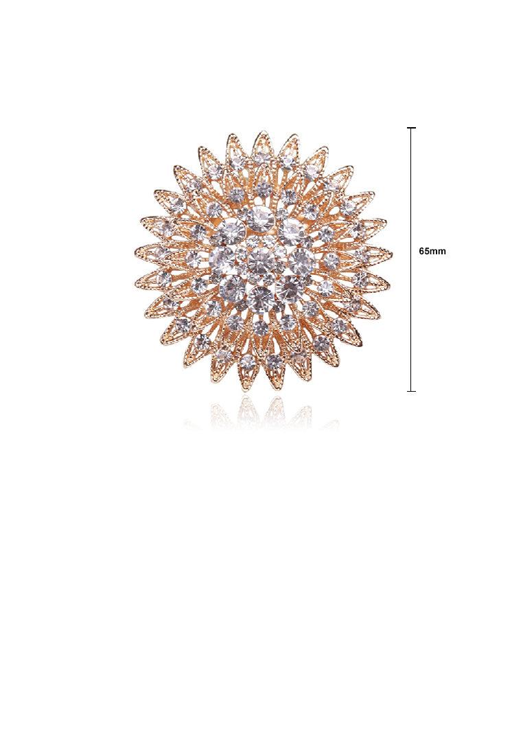 Elegant Brilliant Plated Gold Flower Round Brooch with Cubic Zirconia - Luxurious Look