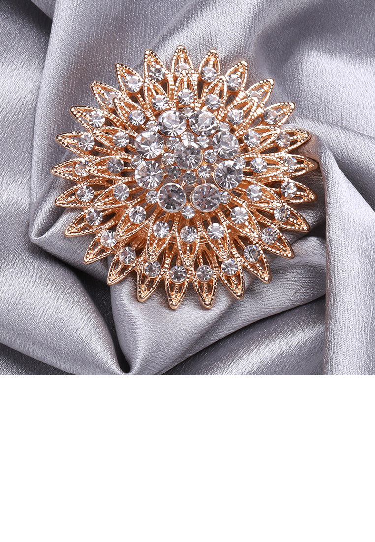 Elegant Brilliant Plated Gold Flower Round Brooch with Cubic Zirconia - Luxurious Look