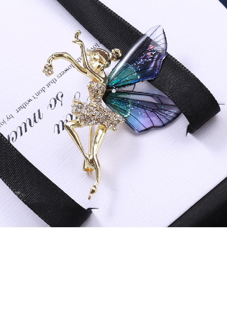Fashion Elegant Plated Gold Flower Fairy Purple Wings Brooch with Cubic Zirconia - Luxurious Look