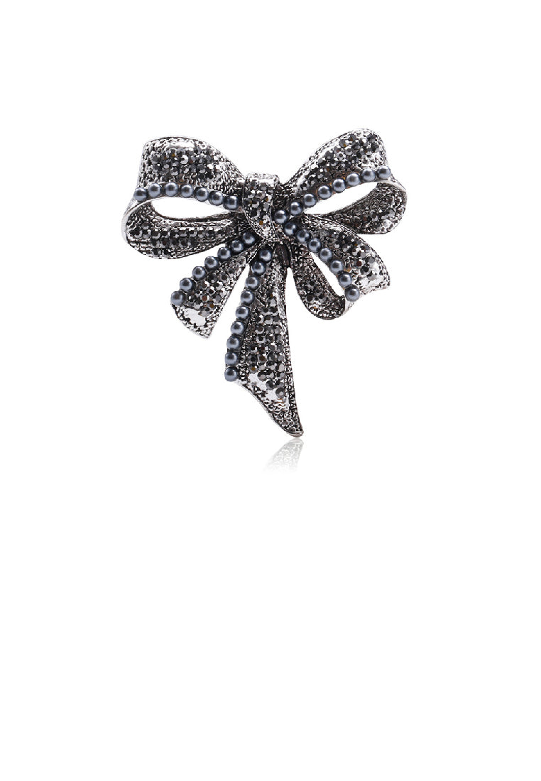Fashion Elegant Ribbon Imitation Pearl Brooch with Black Cubic Zirconia - Luxurious Look