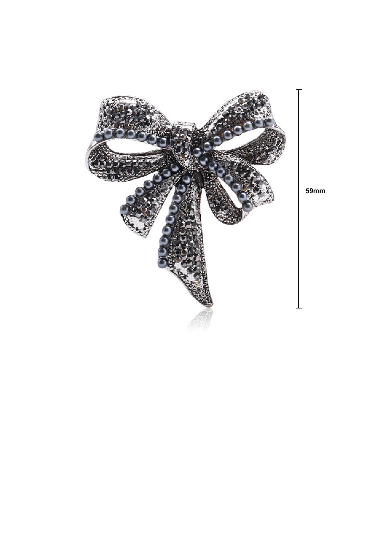 Fashion Elegant Ribbon Imitation Pearl Brooch with Black Cubic Zirconia - Luxurious Look