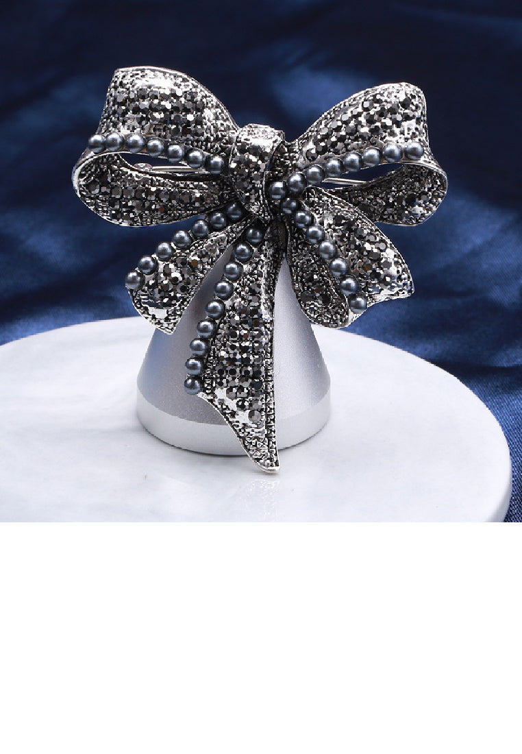 Fashion Elegant Ribbon Imitation Pearl Brooch with Black Cubic Zirconia - Luxurious Look