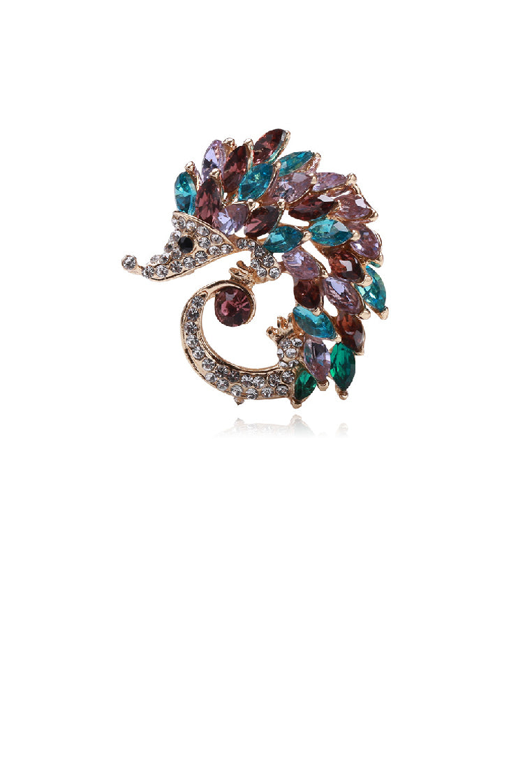 Lovely Brilliant Plated Gold Hedgehog Brooch with Colored Cubic Zirconia - Luxurious Look