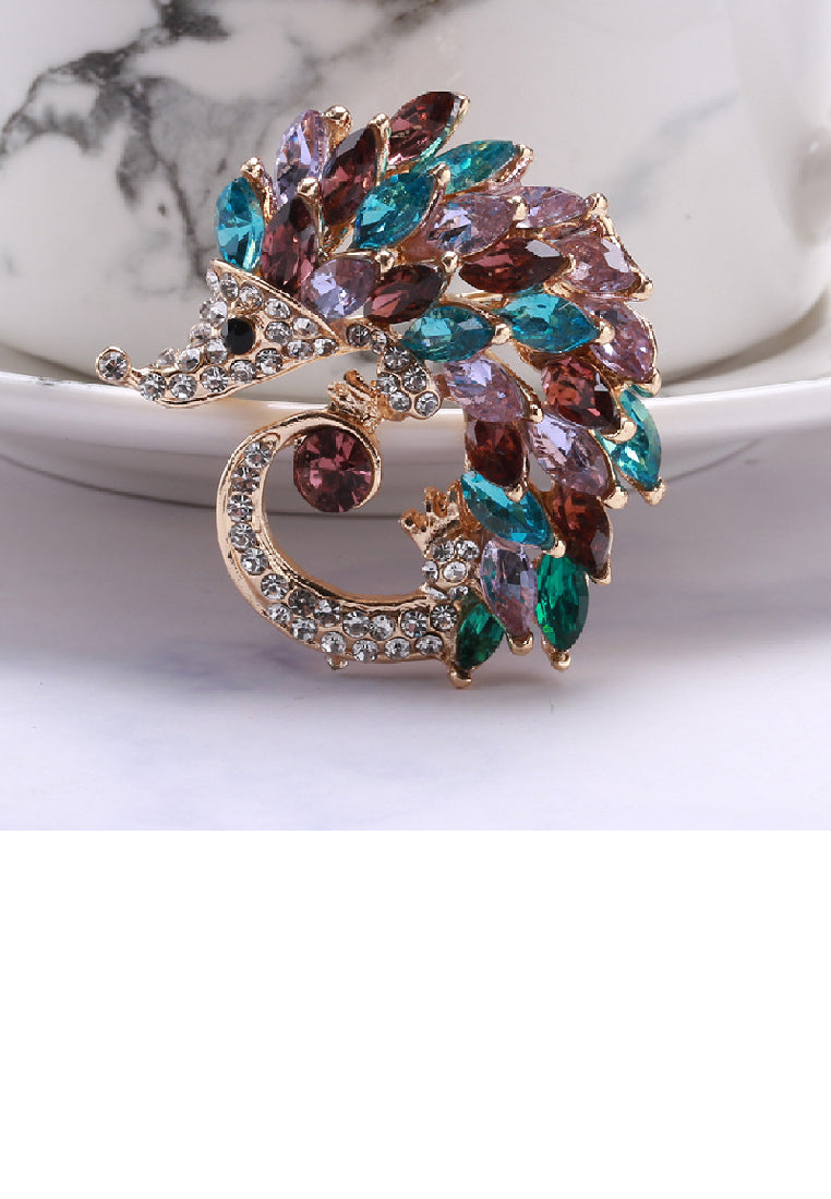 Lovely Brilliant Plated Gold Hedgehog Brooch with Colored Cubic Zirconia - Luxurious Look