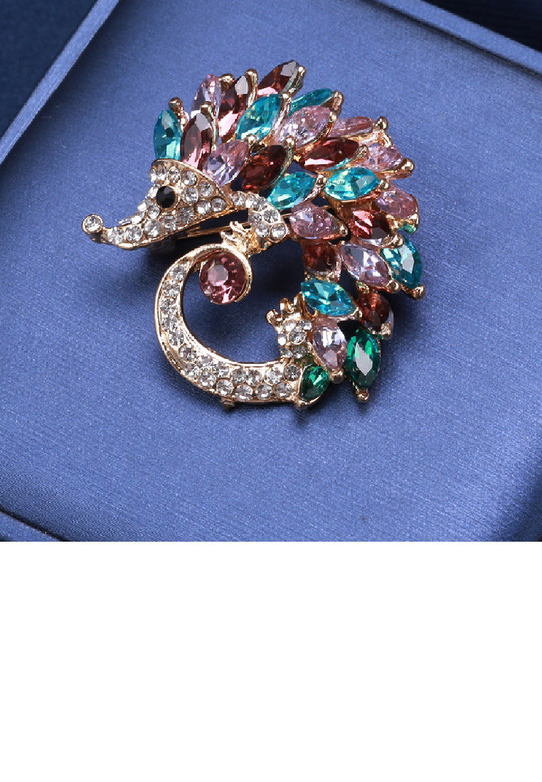Lovely Brilliant Plated Gold Hedgehog Brooch with Colored Cubic Zirconia - Luxurious Look