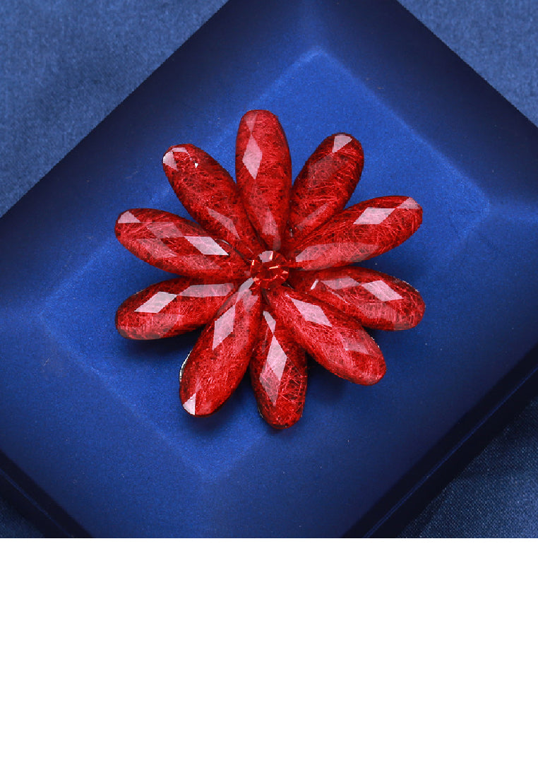 Fashion and Elegant Red Flower Brooch with Cubic Zirconia - Luxurious Look - Vibrant Color