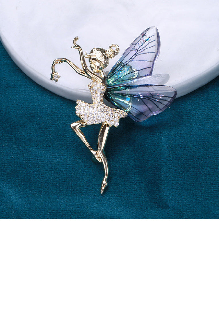 Fashion Personality Plated Gold Butterfly Flower Fairy Brooch with Cubic Zirconia - Luxurious Look