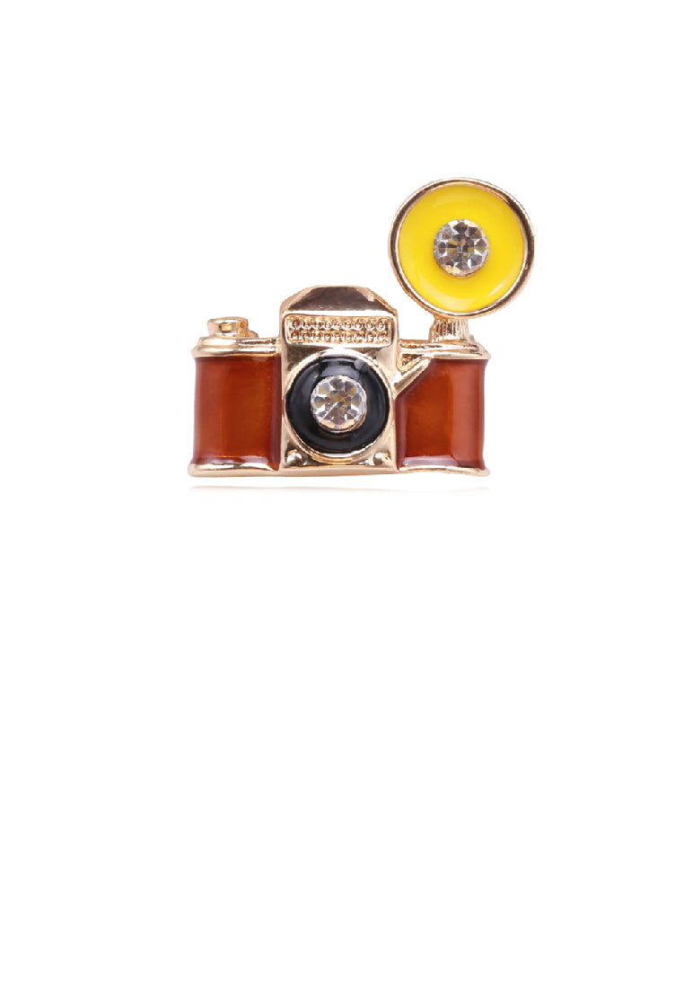 Fashion Vintage Plated Gold Enamel Camera Brooch with Cubic Zirconia - Luxurious Look