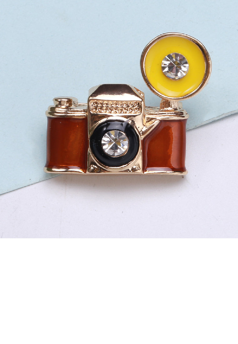 Fashion Vintage Plated Gold Enamel Camera Brooch with Cubic Zirconia - Luxurious Look