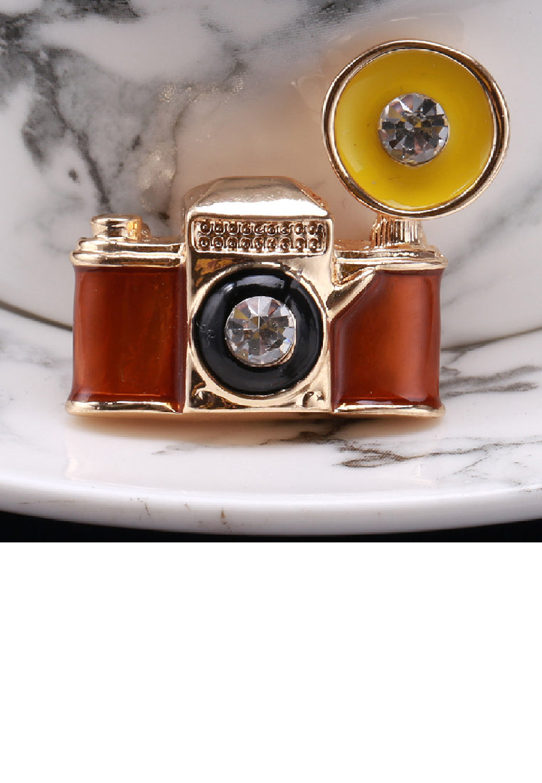 Fashion Vintage Plated Gold Enamel Camera Brooch with Cubic Zirconia - Luxurious Look